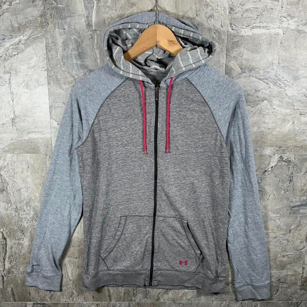 Under Armour lightweight grey zip up hoodie with pink accents Woman's size M